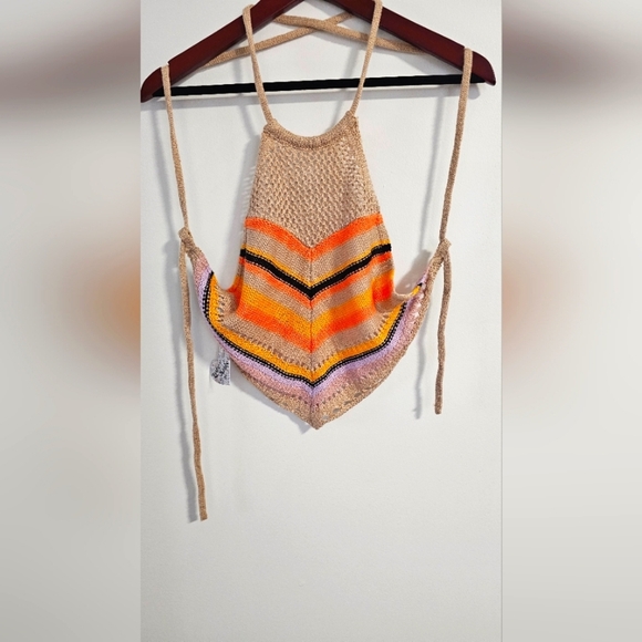 LOVE KNITS NYE Colorful Knit Halter Top Crop Open Back Straps Size L - Picture 1 of 4